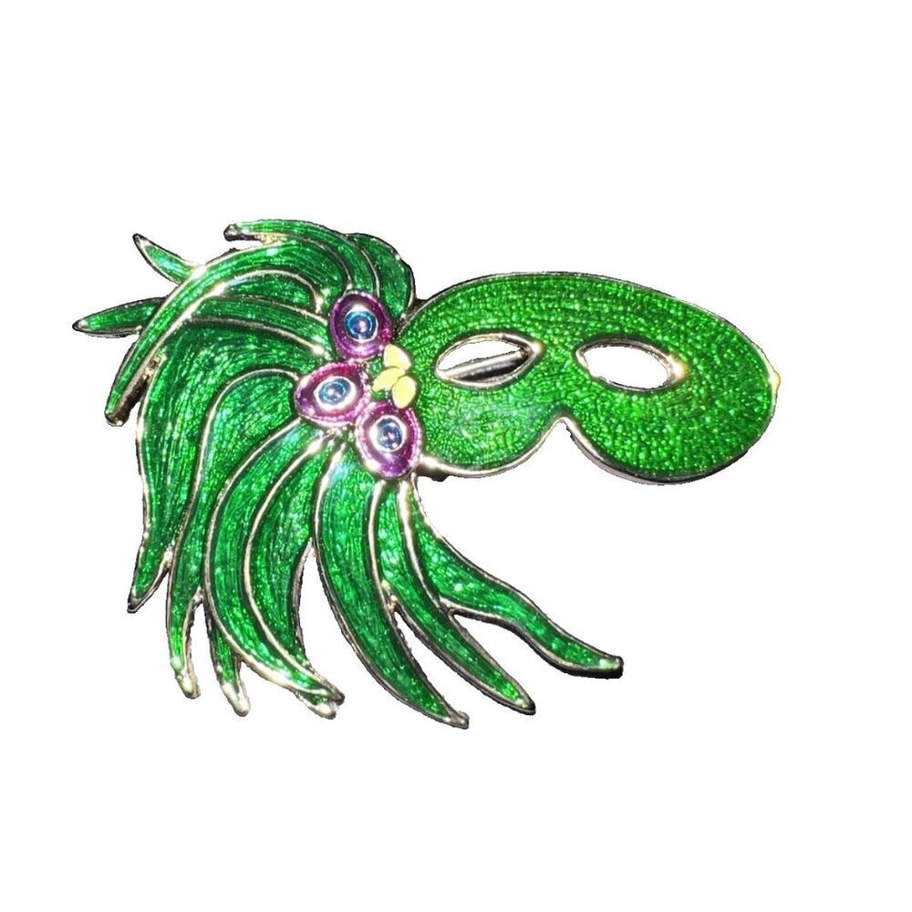 New Goldtone Green Enamel Mardi Grass Venetian Mask Brooch 3" x 2"